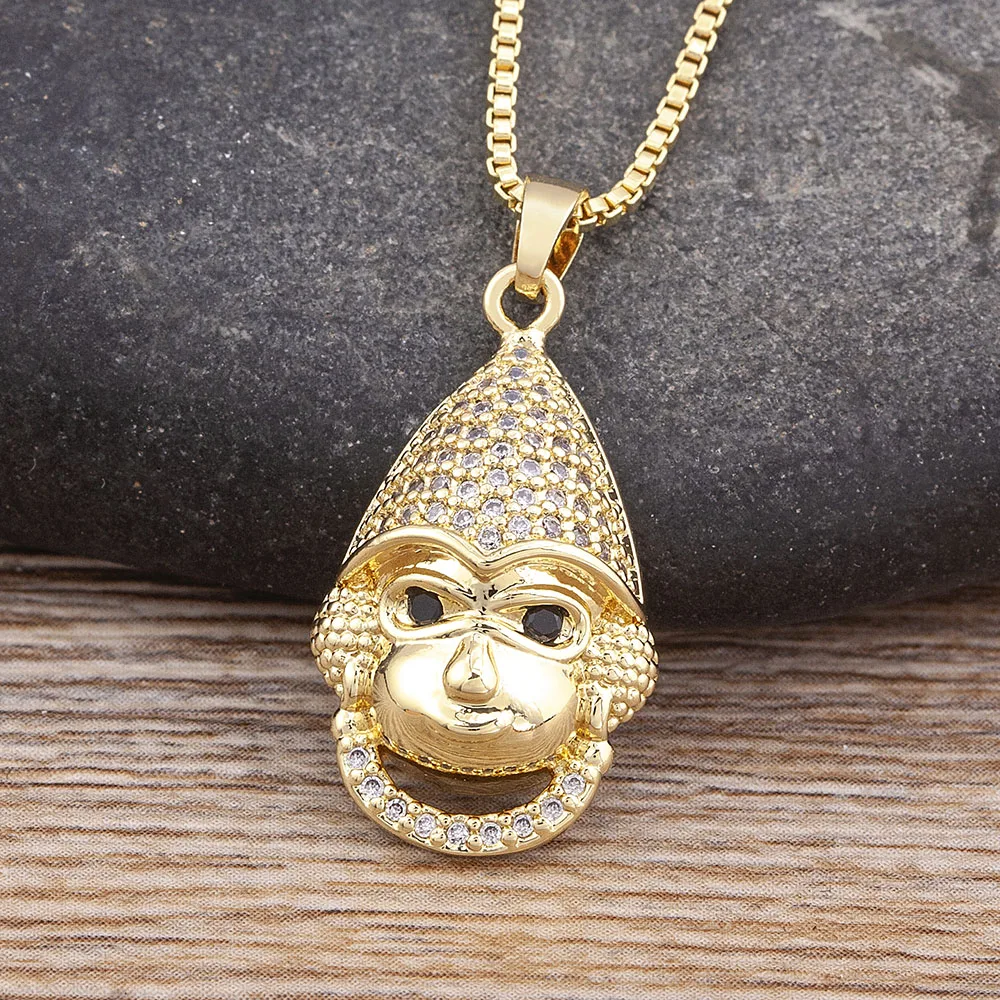 Nidin New Trendy Cute Animal Monkey Cubic Zirconia Pendant Relief Chain Necklace Women\'s Creative Design Jewelry Exquisite Gift