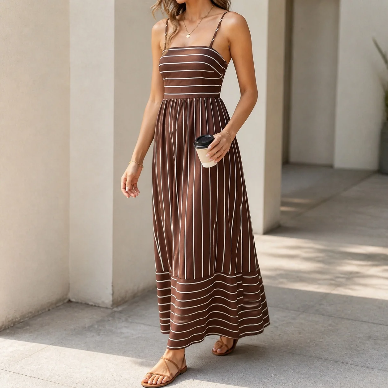 Striped Pull on Dress High Waist Tribal Ethnic with Slim Fit Summer Maxi Spaghetti Strap Digital Print Dresses for Women