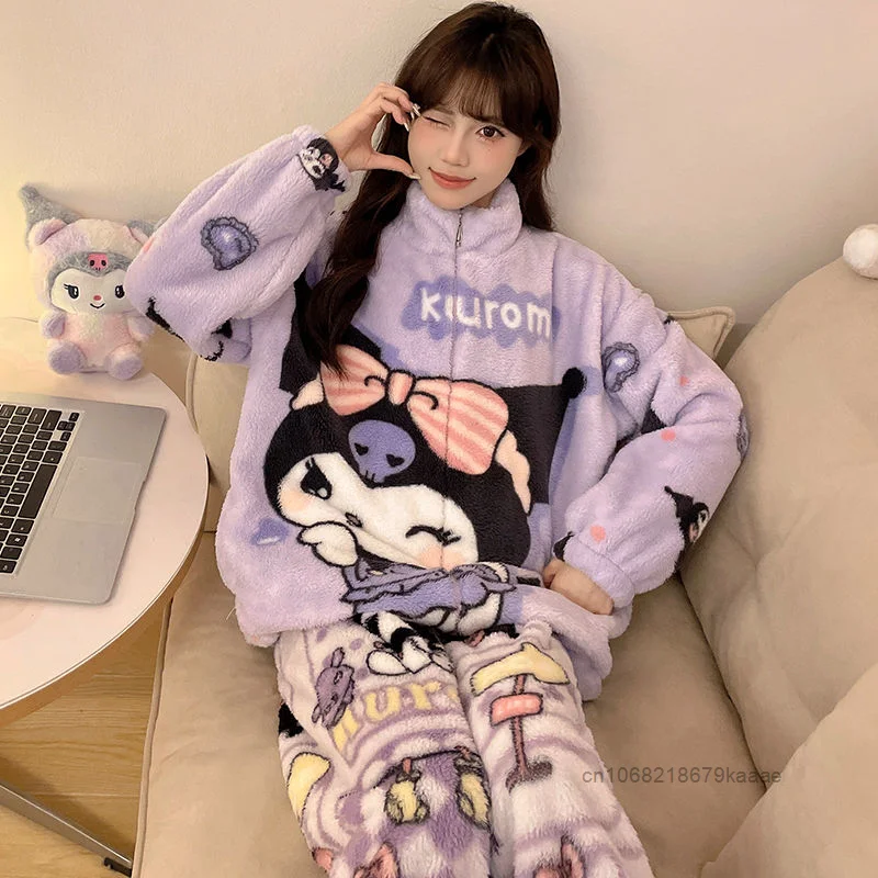 Cartoon Kuromi Coral Velvet Sleepwear Women\'s Winter New Plush Thickened Pajamas Cute Princess Style Home Clothes Two Piece Set