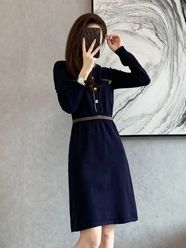 New 2024 French elegant bottom knitted dress celebrity temperament sapphire high waist A-line autumn winter dress for women