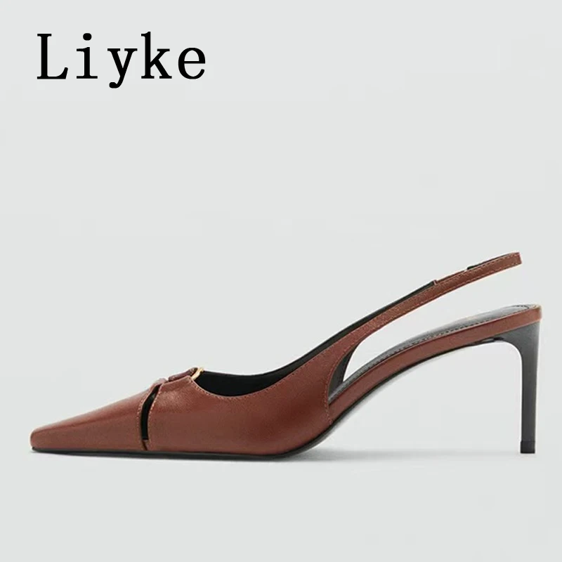 

Liyke Designer Retro Brown Leather Heels For Ladies Hollow Out Metal Circle Pointed Toe Stiletto Party Prom Shoes Women Pumps