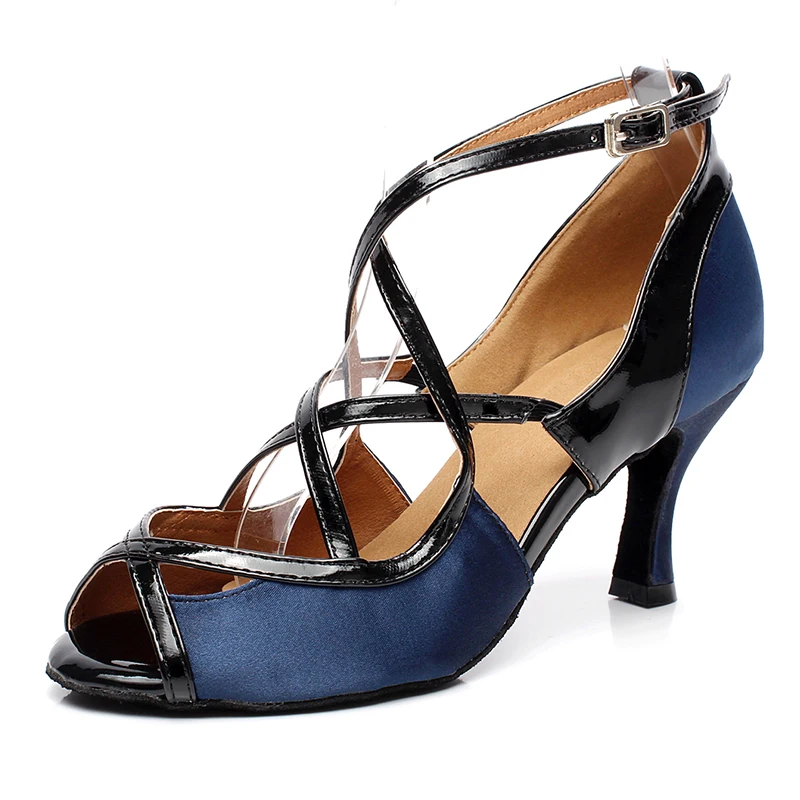 Zapatos de baile latino con tiras azules para mujer, Sandalias de tacón alto con suela de gamuza/Goma para baile de salón, Salsa, bchat