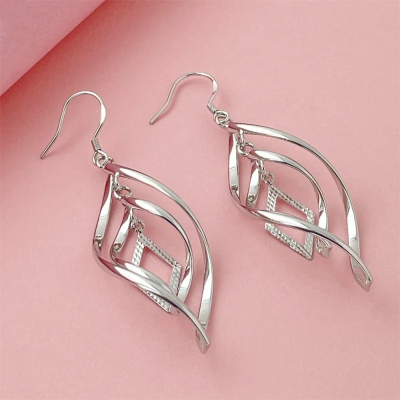 

925 Sterling Silver Earrings Ripple Diamond Shape Women's Simple Fashion Earrings Birthday Anniversary Jewelry Gift