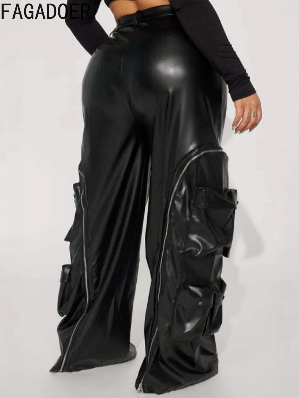 FAGADOER Fashion Leather Patchwork Bodycon Pants for Woman Solid Color Zipper Pocket Skiny Pants Female Streetwear Bottoms New