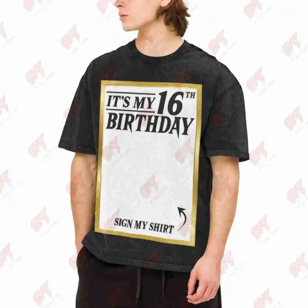 16th Birthday Autographed Golden 16 Vintage Washed Tee Pure Cotton T-Shirt
