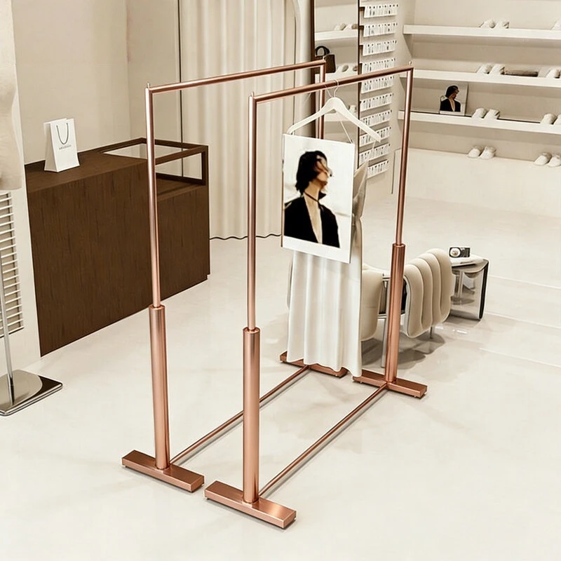 Clothing store display rack, island stainless steel rose gold hanging clothes rack, dedicated display shelf