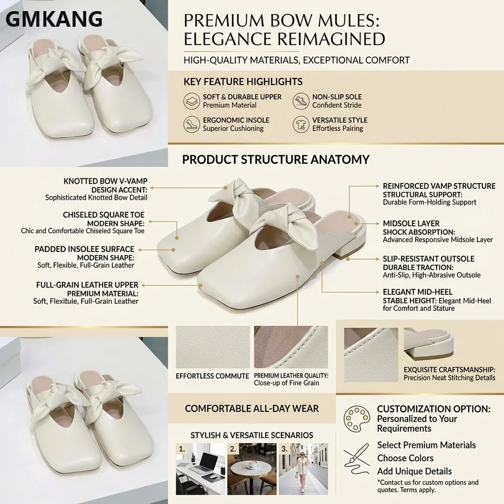 Women Square Toe Butterfly Knot Slippers Genuine Leather Mules Outdoor Flat Slides Comfort Casual Half Slippers Summer