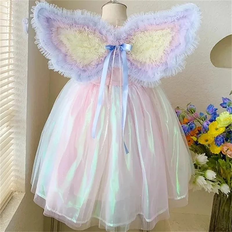 

Girls Party Dress Summer Elegant Princess Dress With Large Colored Wings Kids Birthday Party Clothes 1-11 Years Pompon Dress