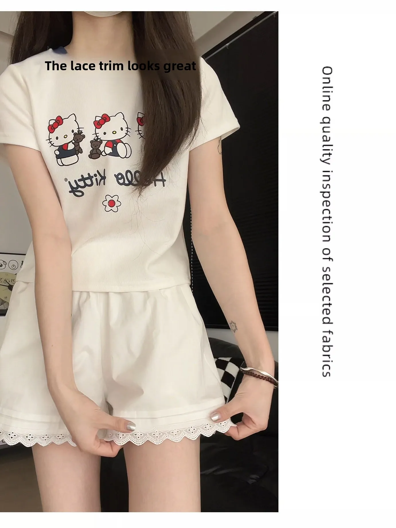 White Lace Trim Sports Shorts Women's Summer New plus Size Flattering High Waist Casual Wide Leg Pants Casual Style Pure Color