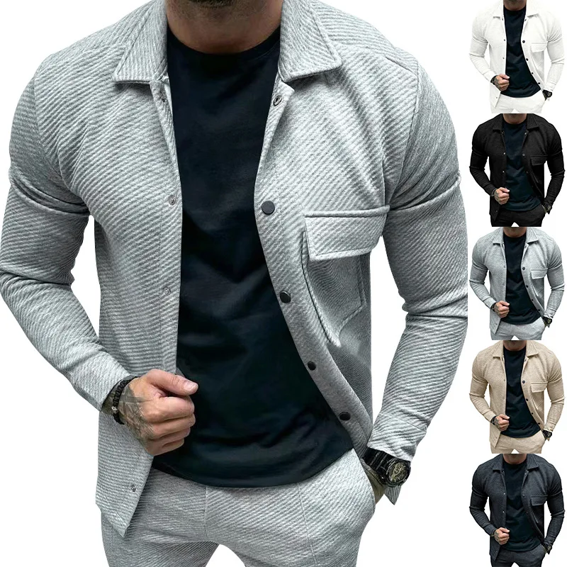 European and American casual men\'s heavy twill lapel neck long-sleeved single-breasted solid-color slim-fit jacket