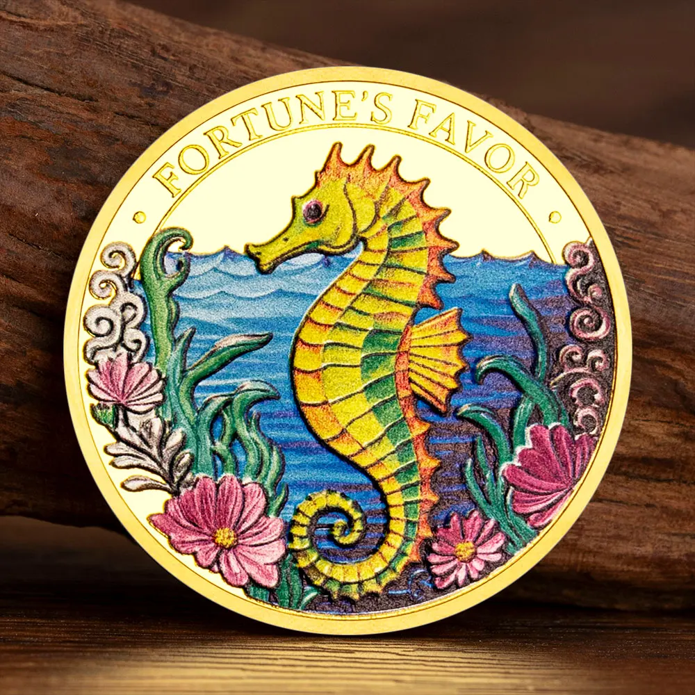 Gold-plated Clover Seal Color Printing Souvenir Coin Seahorse Rabbit Is Fate Favored Lucky Commemorative Coins