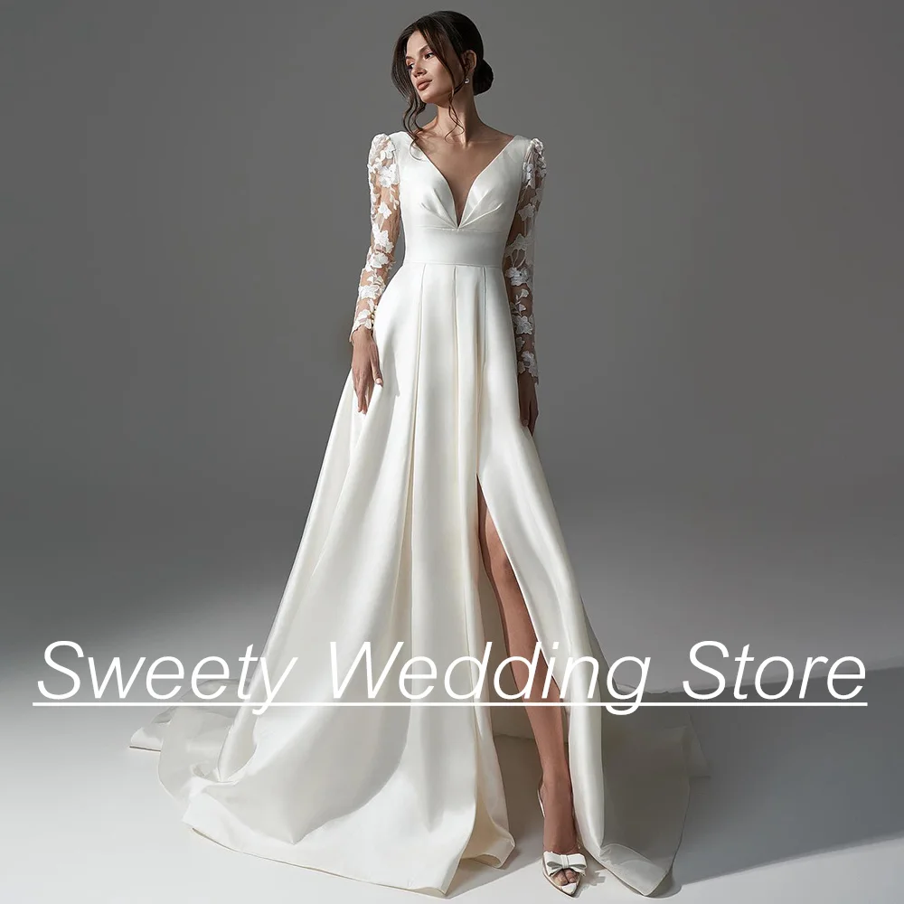 

2025 Satin Wedding Dress Robe De Mariee Full Lace Sleeves V Neck High Slit Sweep Train A Line Bridal Gown Bride Dresses