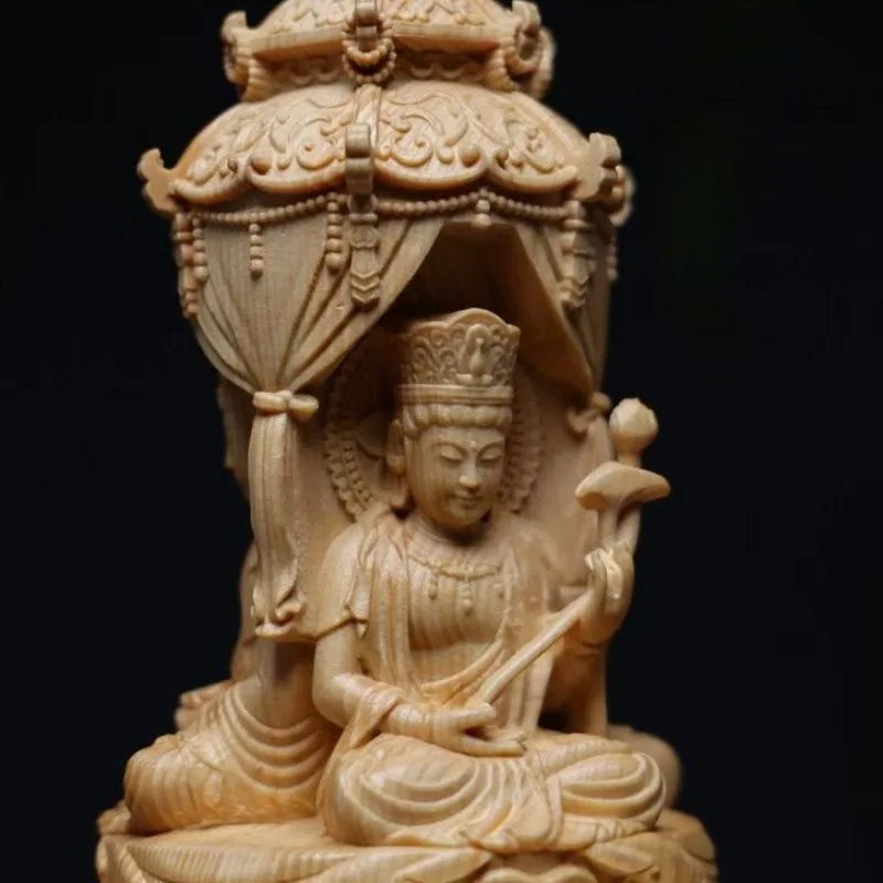 Hand-Carved Hinoki Wood Floating Buddha Statue - 10.6