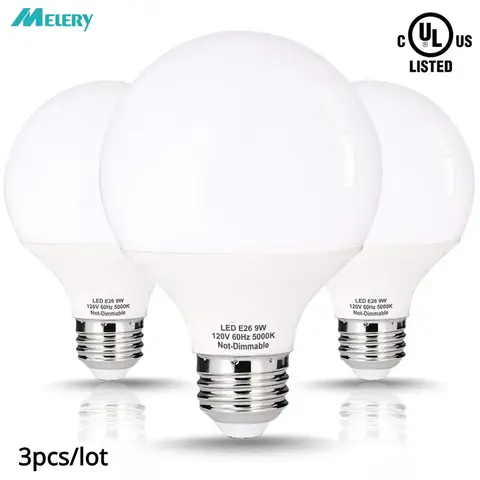 Melery E26 LED Light Bulb 9W Globe G25 Equivalent 90W Makeup Mirror Lamp Daylight 5000k 900lm for Home Bedroom Lighting 3Pack