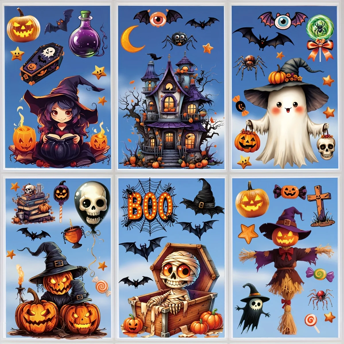 3D Halloween Fenstersticker-Set - PVC Statisch Haftende Halloween-Dekorationen mit Schloss, Fledermäusen, Hexe, Kürbissen - Wiederverwendbare Doppelseitige Glasdekoration