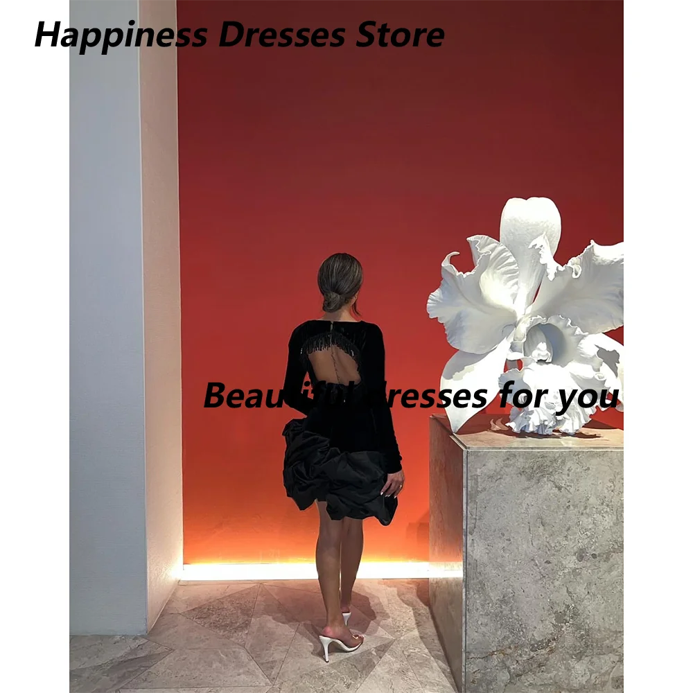 Black Short Prom Dress Customized Long Sleeve Mini Pleat A Line Evening Dress Tassel Opne Back Cocktail Party Dress Custom Color