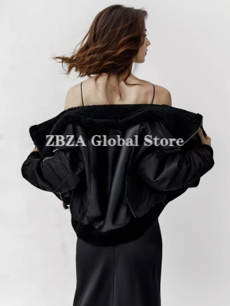 ZBZA Women Vintage Spliced Faux Wool Jacket Coat  Long Sleeves Lapel Oblique Zip Pocket Warm Outerwear Winter New Female Jacket