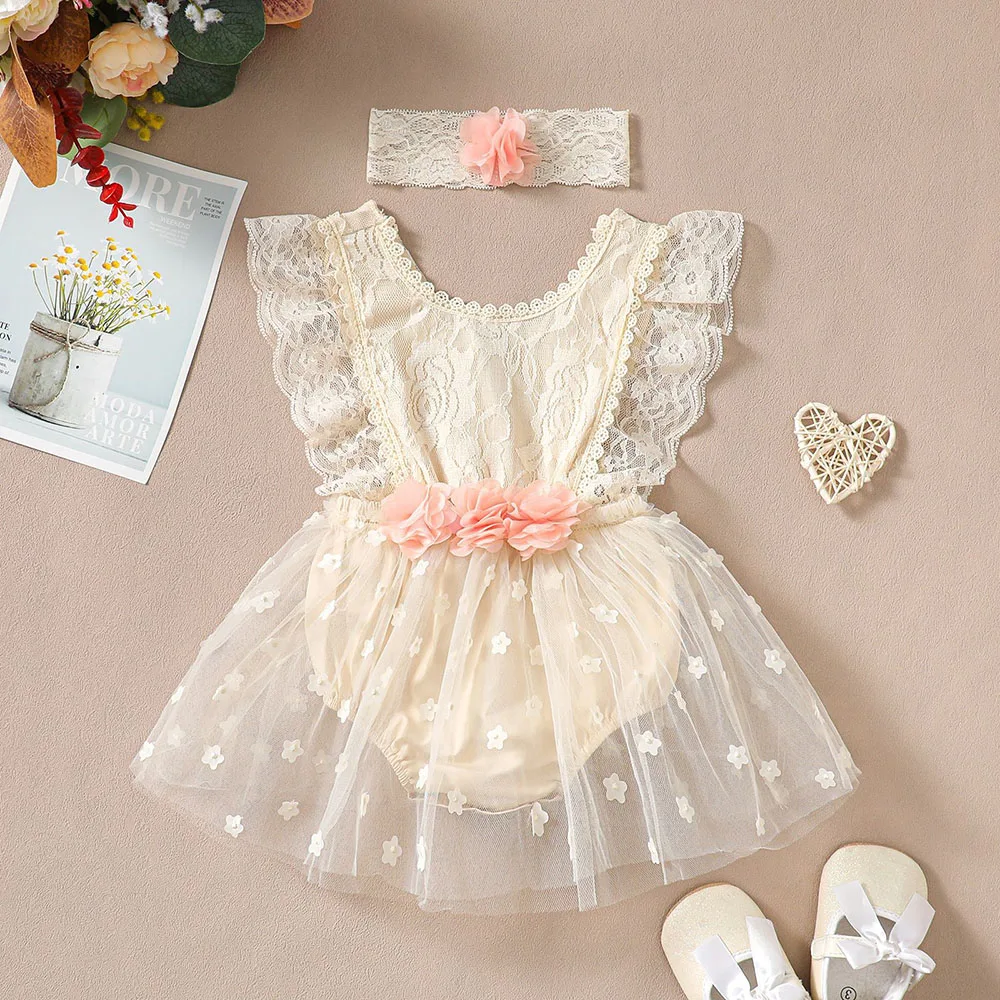 Infant Baby Girl 2Pcs Summer Outfits Ruffle Sleeve O-Neck Lace Floral Romper Dress with Headband Set