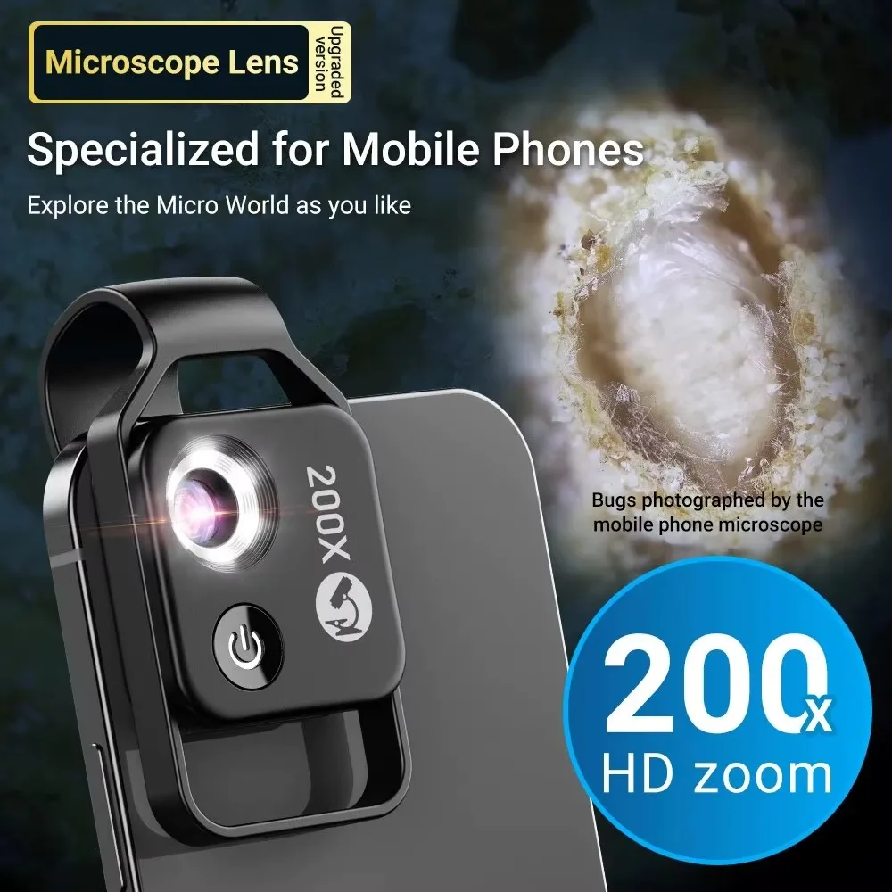 HD Digital 200x Magnification Pocket Microscope Lens with CPL Filter LED Light Super Macro Lens for iPhone Android Smartphones