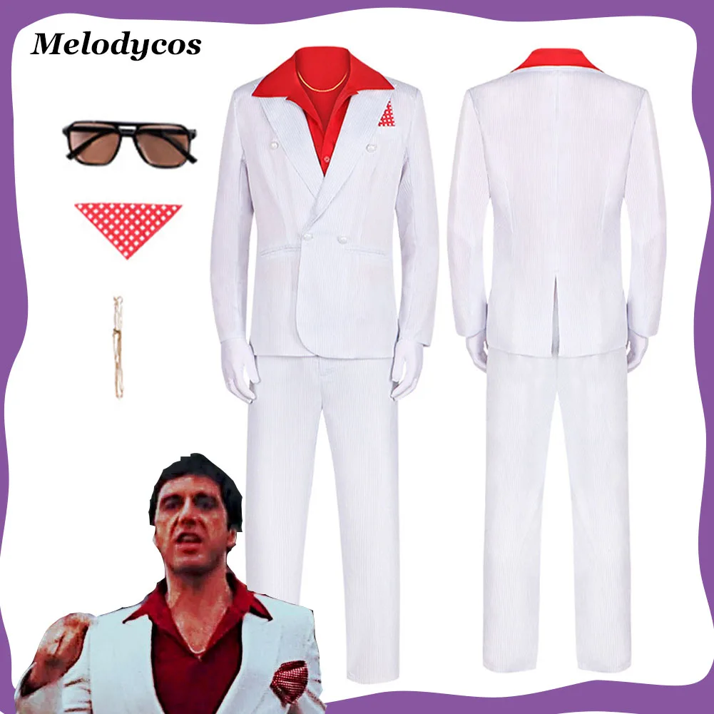 

1983, фильм, лицо со шрамом Аль Пачино, карнавальный костюм для взрослых, мужская рубашка, пальто, брюки, перчатки, солнцезащитные очки, комплект, карнавальный костюм на Хэллоуин