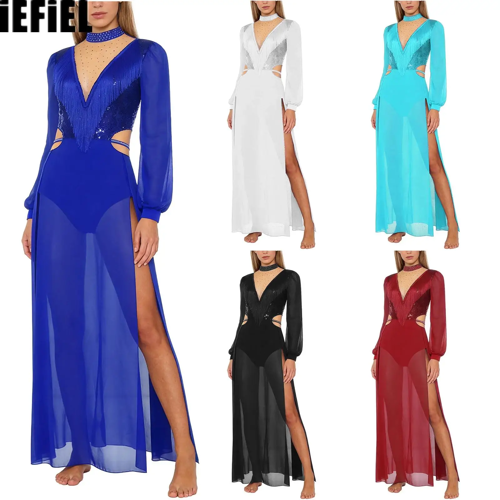 

Womens Tassel Belly Dance Dress Shiny Sequin on Chest Long Sleeve Bodysuit with Slit Chiffon Maxi Dress Latin Dance Rumba