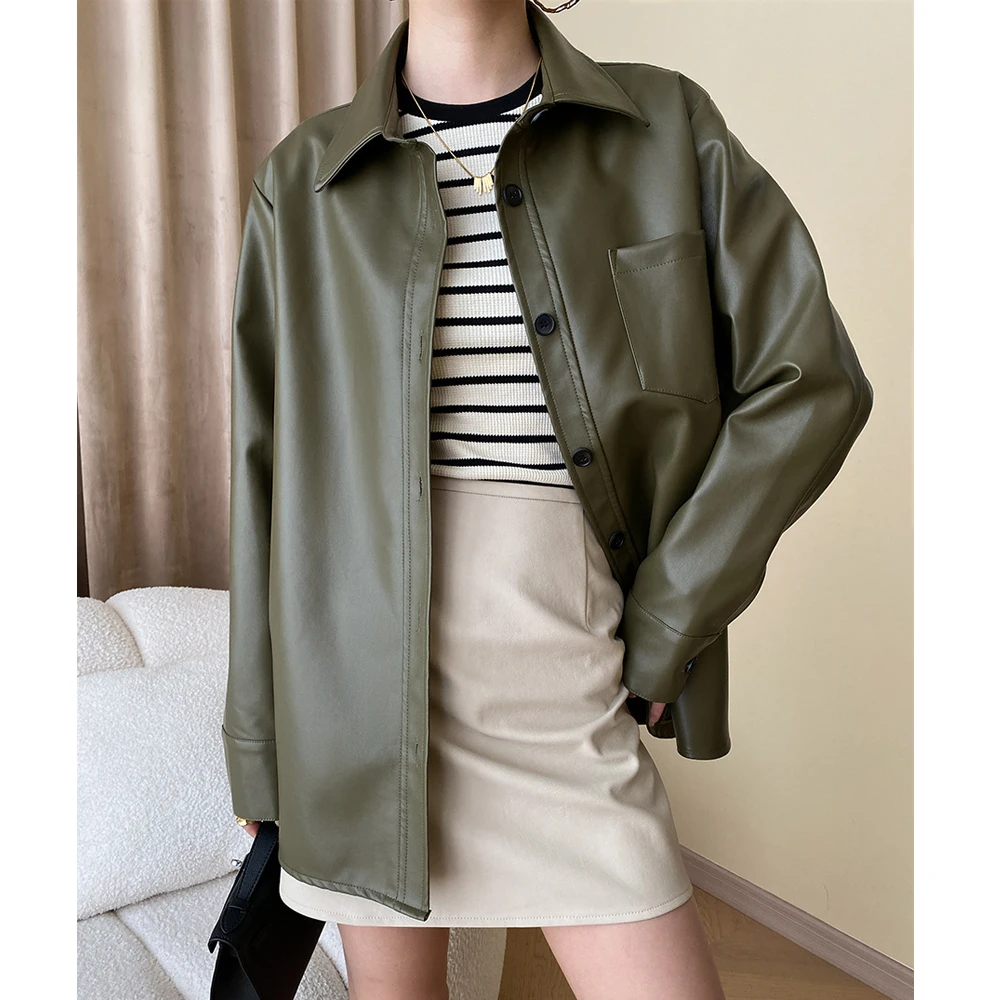 Women Autumn Pu Leather Turn Down Collar Jacket Coat Fashion Women Classic Army Green Jacket Femme Streetwear Tops Clothes