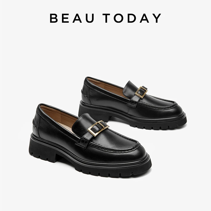 BEAUTODAY Loafers Women Cow Leather Round Toe Solid Color Gold Square Buckle Soft Sole Female Leisure Shoes Handmade 26420