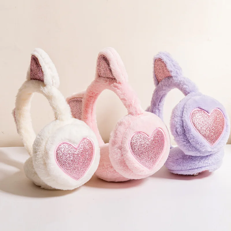 Autumn Winter New Thermal Earmuffs Spot Wholesale Retractable Thick Pink Cat Ears Heart Plush Children's Earmuffs Women Comfort