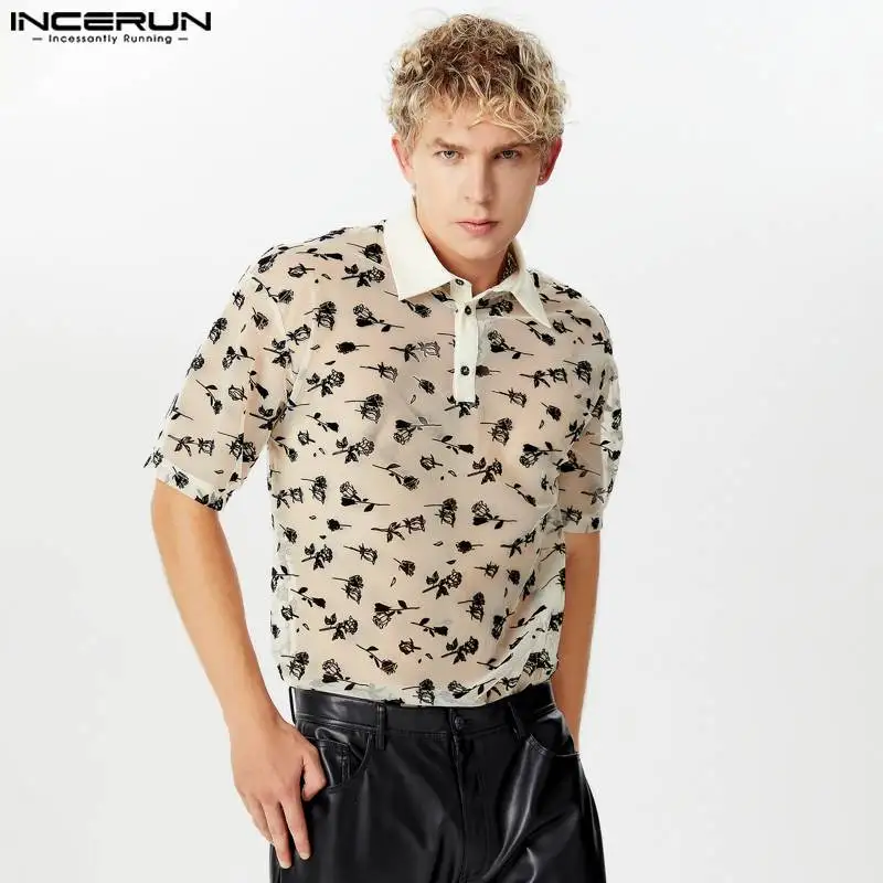 INCERUN Tops 2024 American Style Fashion Men Stand Neck Design Shirt Sexy Male Thin Perspective Flower Half Sleeved Blouse S-5XL