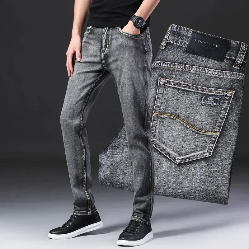 Classic Style Summer Men\'s Thin Grey Jeans Business Fashion High Quality Stretch Denim Straight Pants Male Brand Trousers