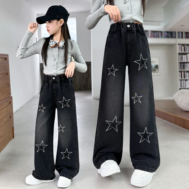 Girls' Wide-Leg Denim Jeans Y2K Streetwear Vintage Black-Grey Washed Multi-Star Patch Embroidery 6-16Y