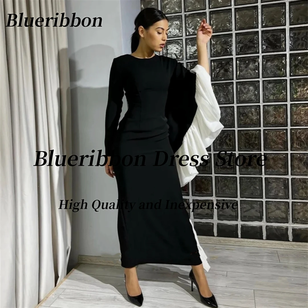 

Blueribbon Black Ankle Length Dresses for Prom Crew Neck Ruffles Long Sleeves Evening Party Zipper Back Wedding Guests Wear Gown