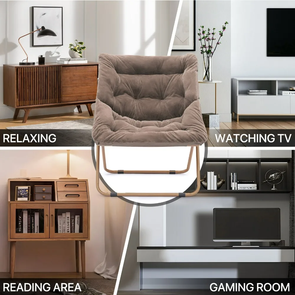 Chaise pliante avec soucoupe en fausse fourrure douce, siège lunaire confortable et surdimensionné avec rembourrage