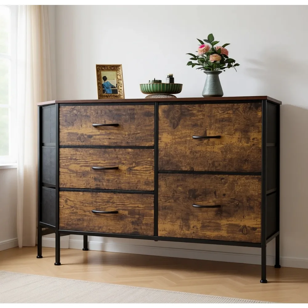 

Five Drawer Wide Fabric Dresser for Bedroom Living Room Closet Hallway Rustic Brown Wood Grain