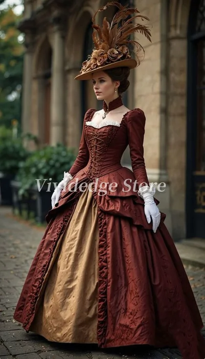 

Customized Vintage Long Sleeve Victorian Prom Dresses Corset Strappy Back Duchess Cosplay Historical Evening Gowns