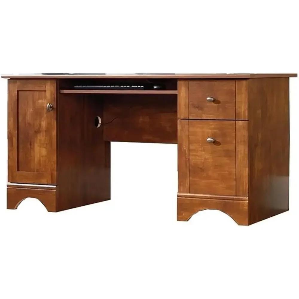59.5 Wide Brushed Maple Computer Desk with Slide-Out Keyboard Tray, Filing Cabinet, Adjustable Shelf, and Cord Management