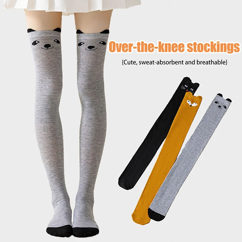 1Pair Polyester Cotton Preppy Style Japanese Cute Cat Bear Fox Ears Solid Color Black Yellow Gray Long Tube Over Knee Socks