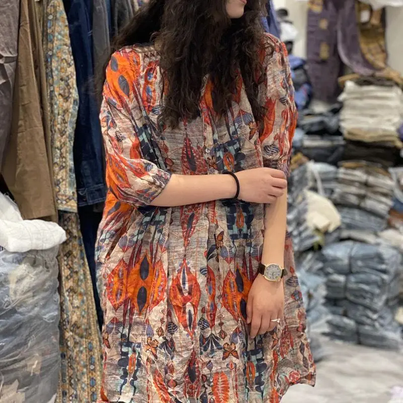 

Vintage Printed Loose Fitting Shirt Women 2025 New Summer Round Neck Loose Womens Blouse Fashion Personalized Tops Plus Size