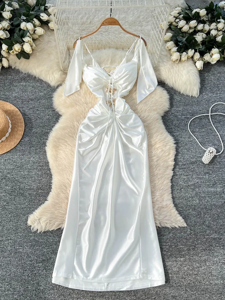Women's White Off Shoulder Luxury Evening Satin Dress Vintage Sleeveless Hollow Party Dress for Women One Piece Frocks Summer