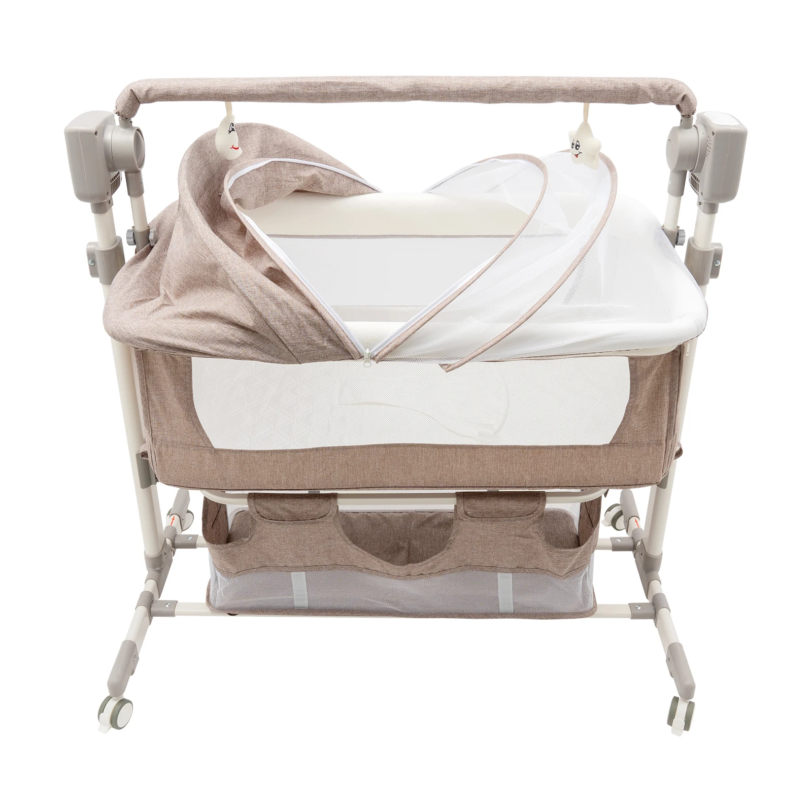 Smart Baby Bassinet เตียงข้างเตียง,เล่นเพลง,แท่นวางอัตโนมัติพร้อมฟังก์ชั่นจับเวลา & 5-Speed,เตียงเด็กแบบพกพาอลูมิเนียมอัลลอยด์