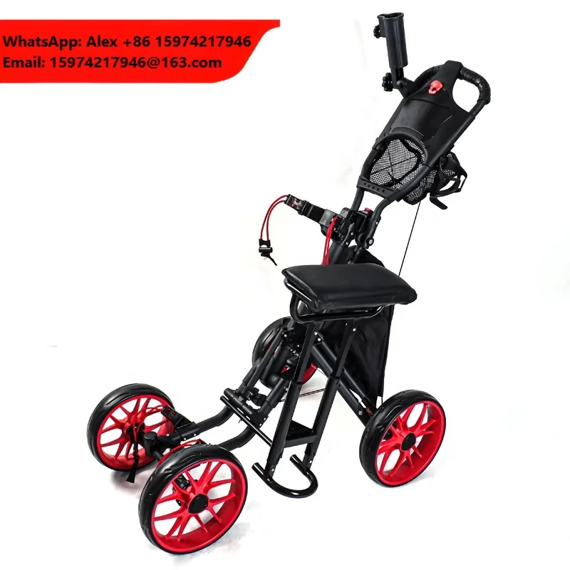 HOW TRUE Aluminum Sturdy Foot Brake Golf Trolley With Seat 4 Wheel Folding Golf Push Pull Cart With Drink Holder Umbrella Holder