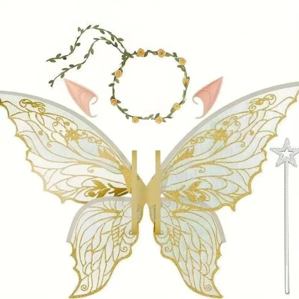 Sweet Foldable Wings Wreath Elf Ear Set Sparkling Wand Butterfly Wings Set Fairy Wings Flower Crown Fairy Cosplay Set Halloween