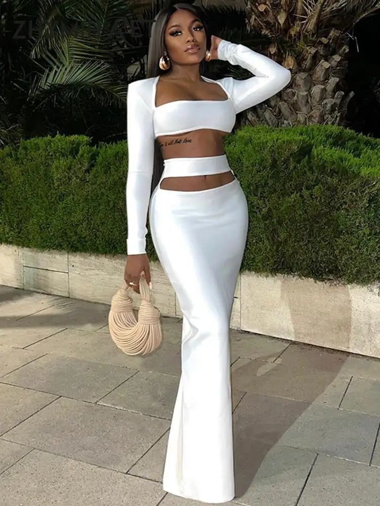 ZHYMIHRE Elegant White Square Collar Crop Top And Long Skirt Two Piece Formal Dress Set Long Sleeve Hollow Out Office Lady Dress