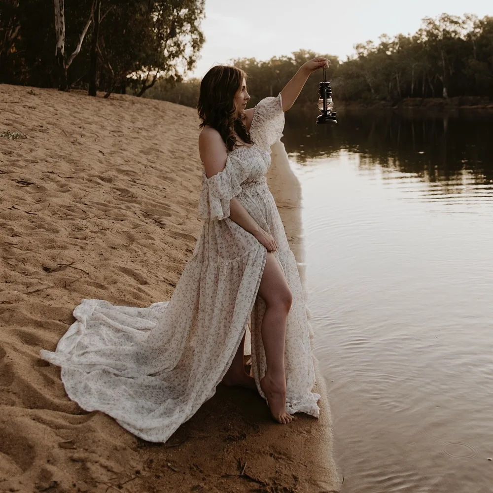 

Maternity Dress Off-Shoulder Sweet Print Chiffon Maternity Gown Baby Shower Gender Reveal Dress Pregnancy Photoshoot Dress