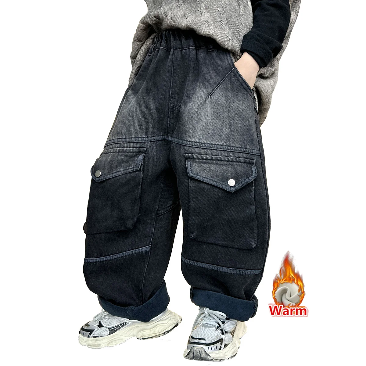 

Korean Style Kids Boy Winter Corduroy Baggy Jeans Pants With Pocket Child Loose Style Insulated Denim Trousers For Teenager 4-13