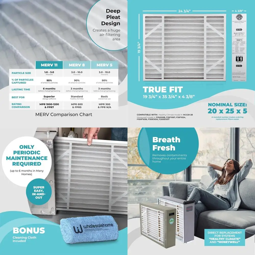 

20x25x5 MERV 11 Air Filter for HVAC AC Furnace, 4-Pack, Actual Size 19.75x24.75x4.38