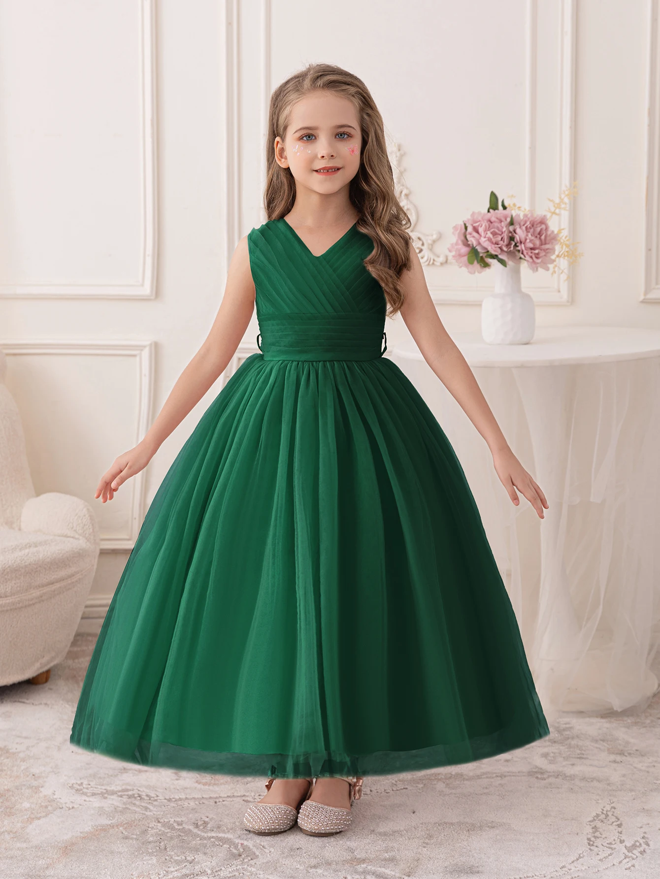 Dark Green Princess Dress New Designs for Young Girls Formal Tulle Party Bridesmaid Kids Beautiful Ball Gown Wedding Clothing