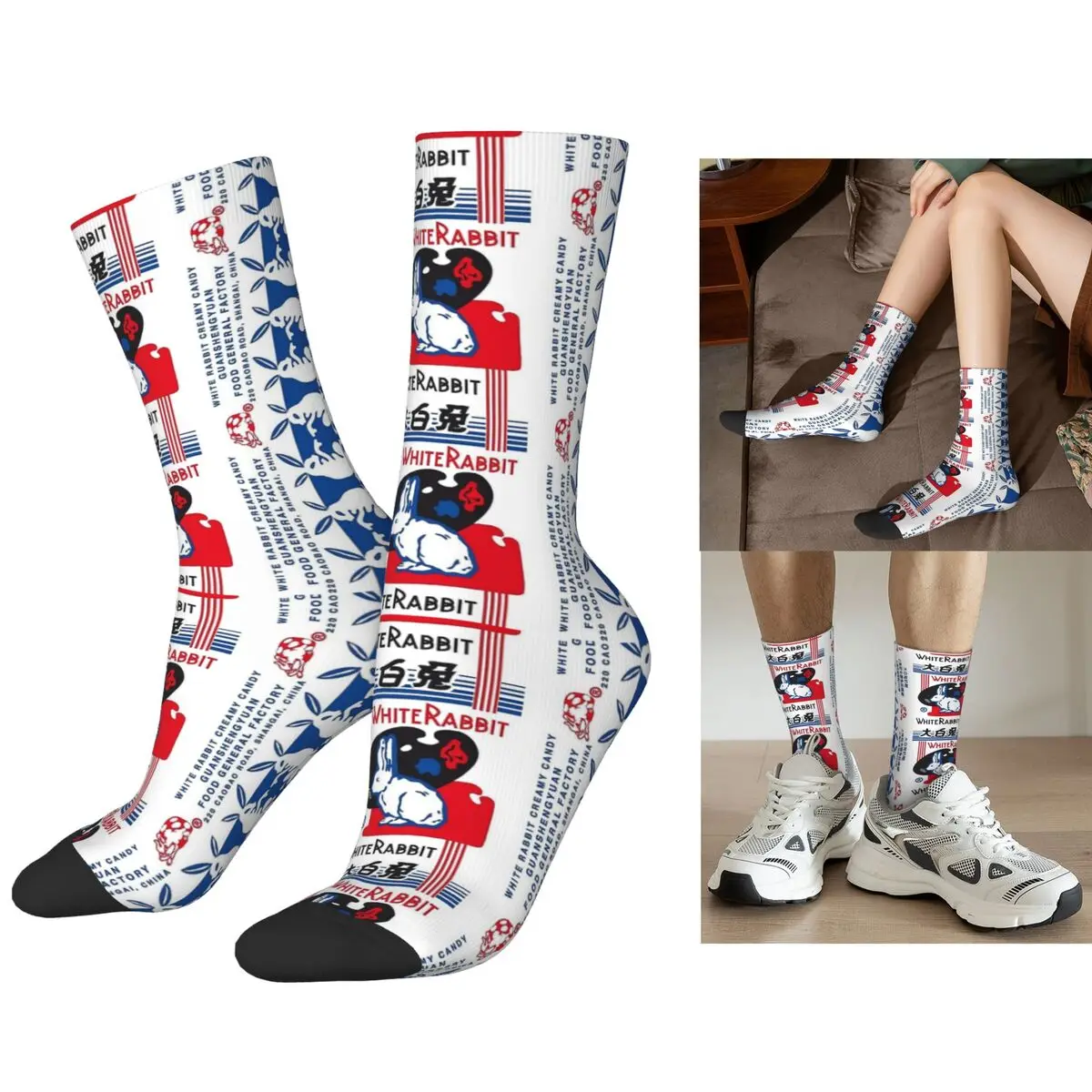 

Носки с белым кроликом и конфетами, чулки высокого качества в стиле Харадзюку, всесезонные длинные носки, аксессуары для унисекс, рождественские подарки