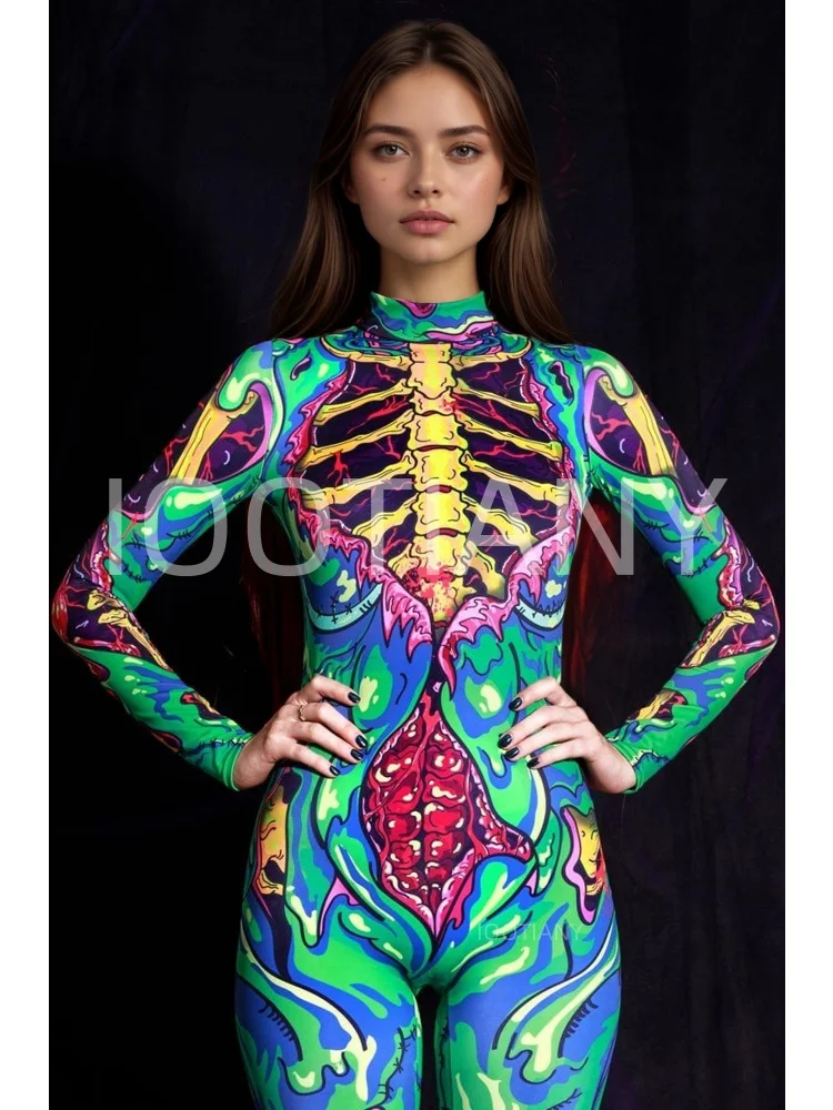 Damen-Party-Kostüm für Feiertage, Cyberpunk-Comic-Zombie-Bodysuit, Halloween, lustiges Cosplay-Skelett-Kostüm, Karneval, Stretch-Strumpfhose, Jumpsuit – Detail 10