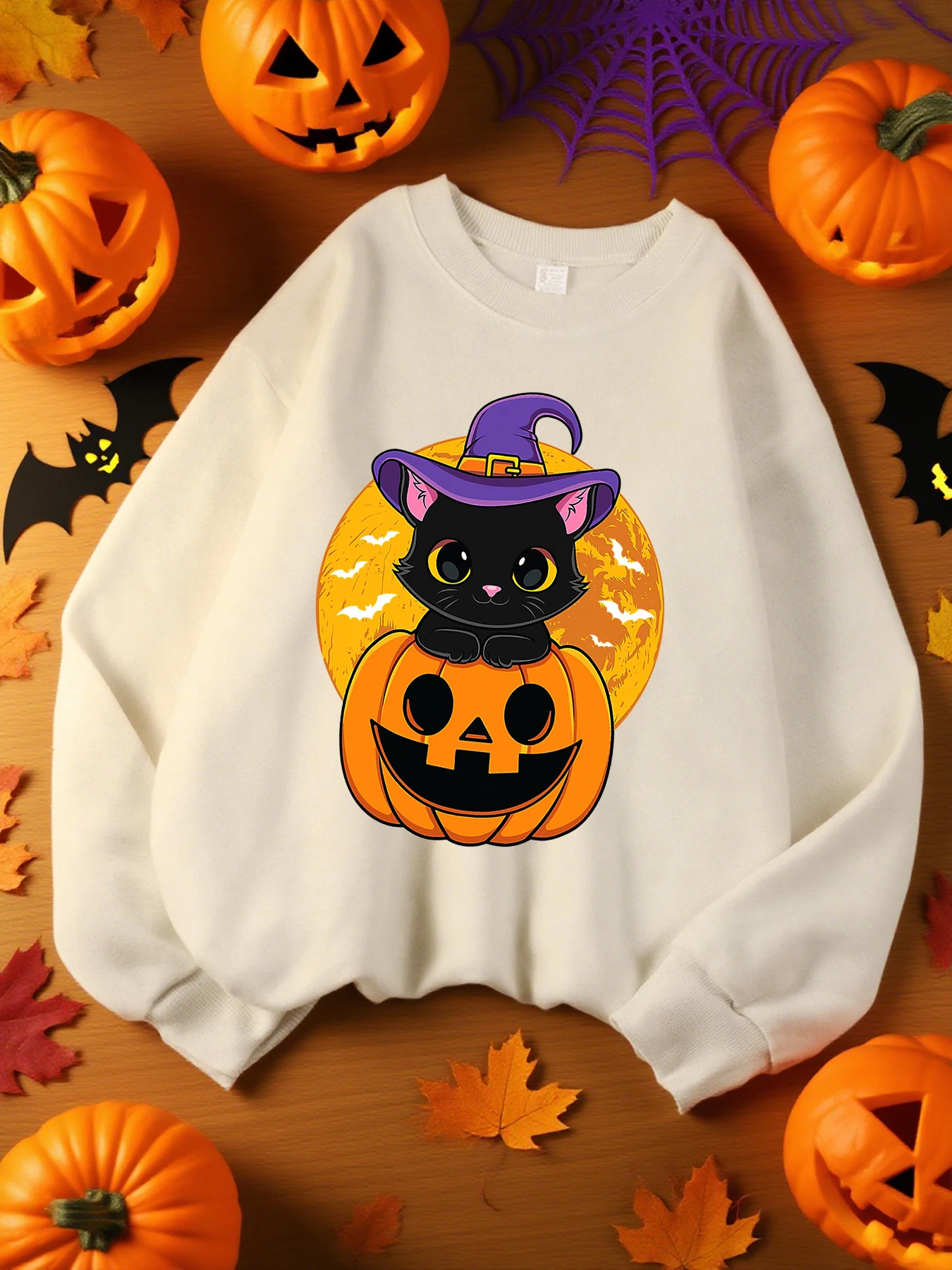 Witch Hat And Pumpkin Pattern Womens Sportswears Soft Fashion Sweatshirts Autumn Casual Sweatshirt Street All-Match Clothes